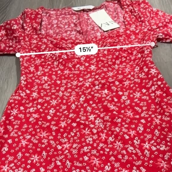 Zara Red & White Dainty Floral Print 3/4 Sleeve Sweetheart Mini Dress Size M NWT - Picture 7 of 8